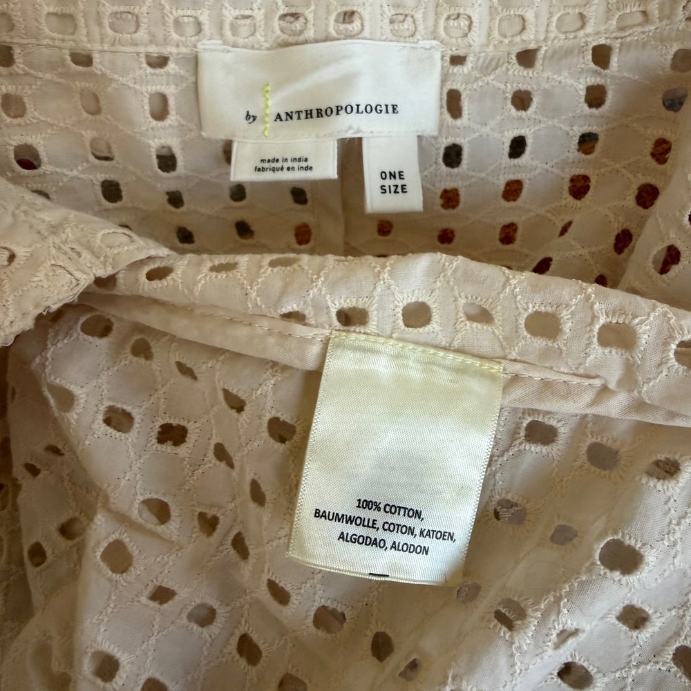 Anthropologie Eyelet Duster Cardigan Womens OS Beige Cotton Longline Open Front - Picture 5 of 7
